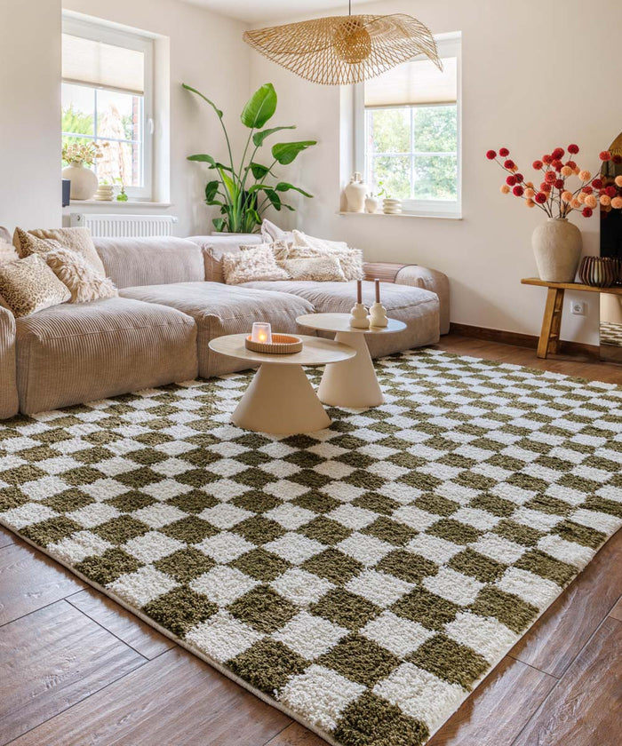 Boho&me Checkerboard vloerkleed - Check ivoor|olijfgroen - 100x200 cm