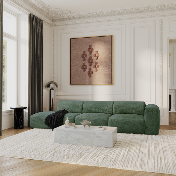 Rechte fluwelen bank met 5 zitplaatsen en smaragdgroen patroon, 310 cm