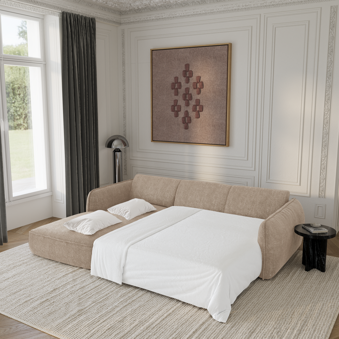 Hoekbank met slaapfunctie links, 4 zitplaatsen, beige geweven fluweel