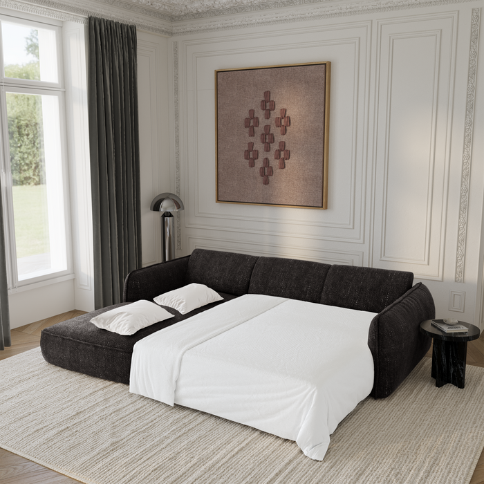 Hoekbank met slaapfunctie links, 4 zitplaatsen, zwart geweven fluweel