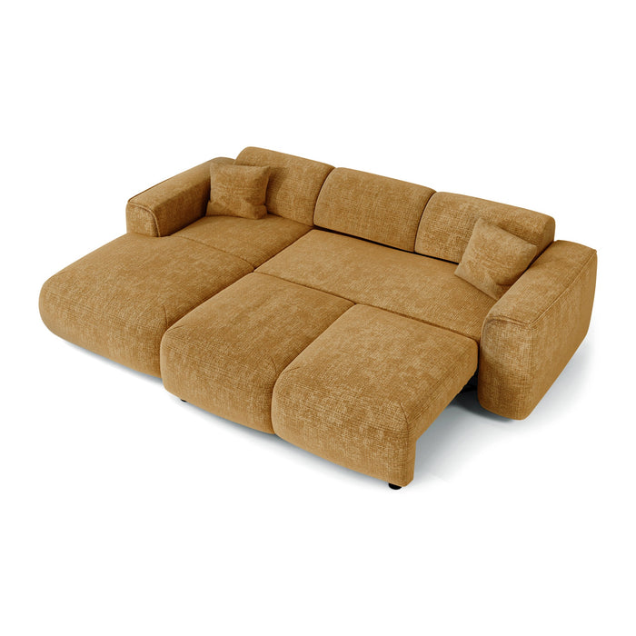 Slaapbank, linker hoek, 5 zits, mosterd fluweel met reliëf