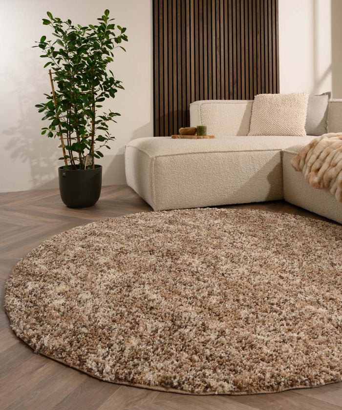 Tapeso Rond hoogpolig vloerkleed - Blend beige - 80 cm