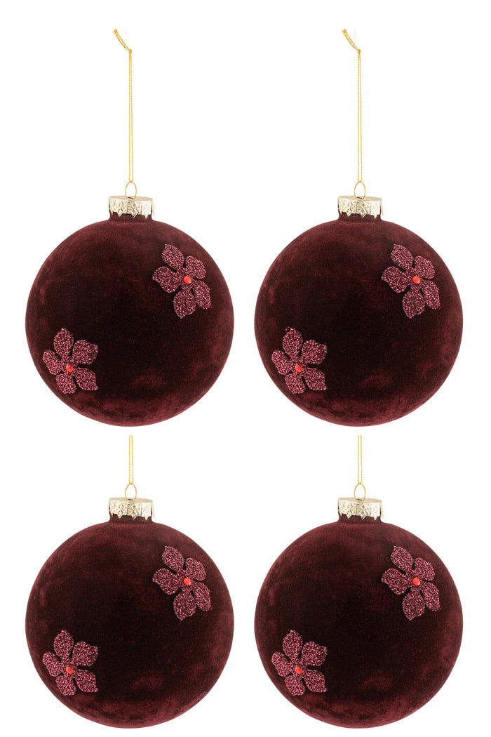 J-Line Kerstballen Bloemen Fluweel Bordeaux Large Set van 4
