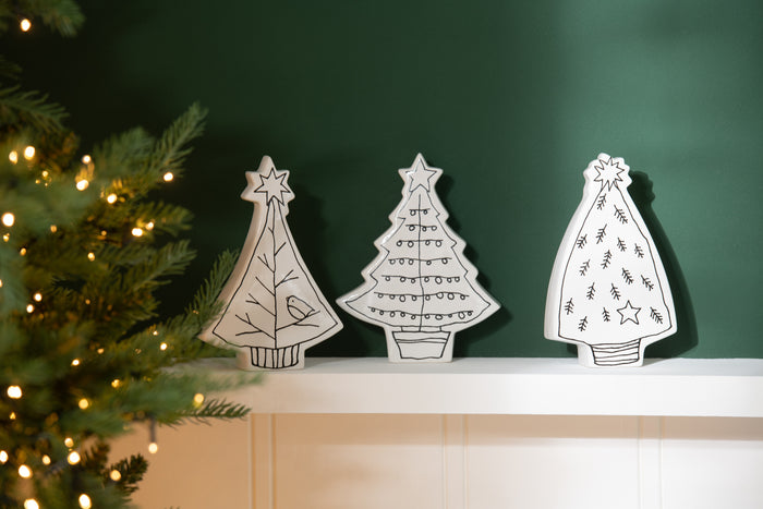 J-Line decoratie Kerstboom dolomite - keramiek - wit|zwart - 3 stuks