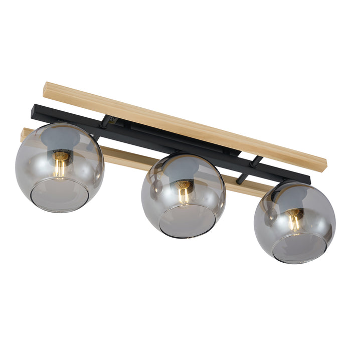 QAZQA Moderne plafondlamp zwart met hout en smoke glas 3-lichts -