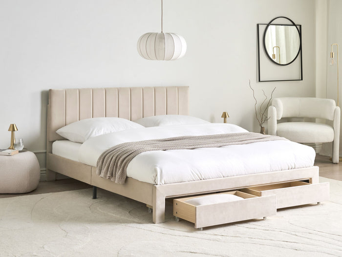 Beliani-LONZAC-Bed met opbergruimte-Beige-160 x 200 cm-Fluweel