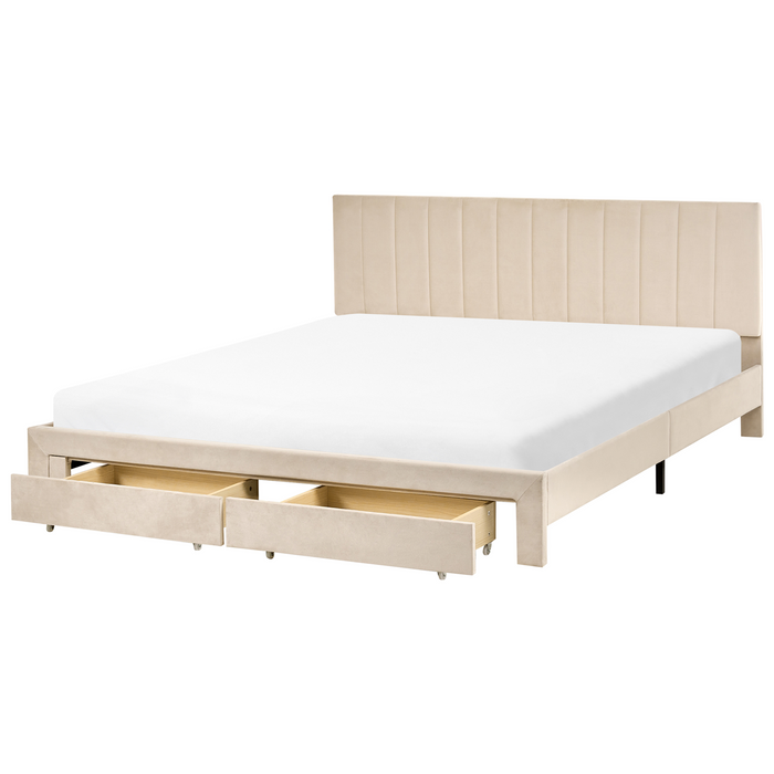 Beliani-LONZAC-Bed met opbergruimte-Beige-180 x 200 cm-Fluweel