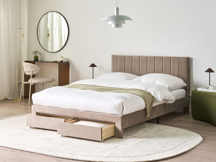 Beliani-LONZAC-Bed met opbergruimte-Taupe-140 x 200 cm-Fluweel