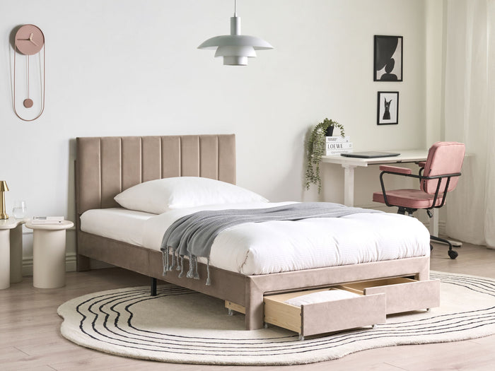Beliani-LONZAC-Bed met opbergruimte-Taupe-120 x 200 cm-Fluweel