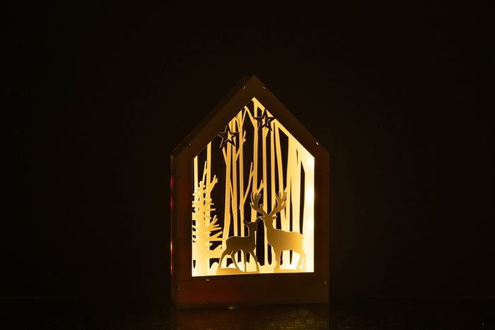 J-Line decoratie Winter Herten + Bomen - hout - wit - LED lichtjes