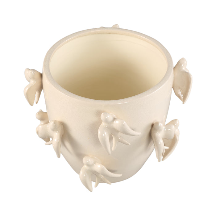 PTMD Emmelyn White Round Ceramic Glazed Pot Birds L