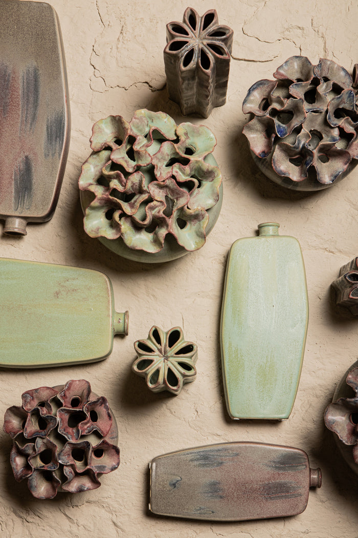 PTMD Jullia Green Ceramic Vase Flower Shaped Holes S