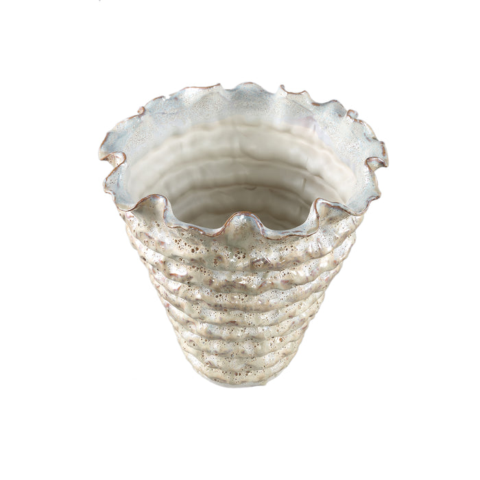 PTMD Nianh Cream Ceramic Pot Irregular Ribbed Round XL