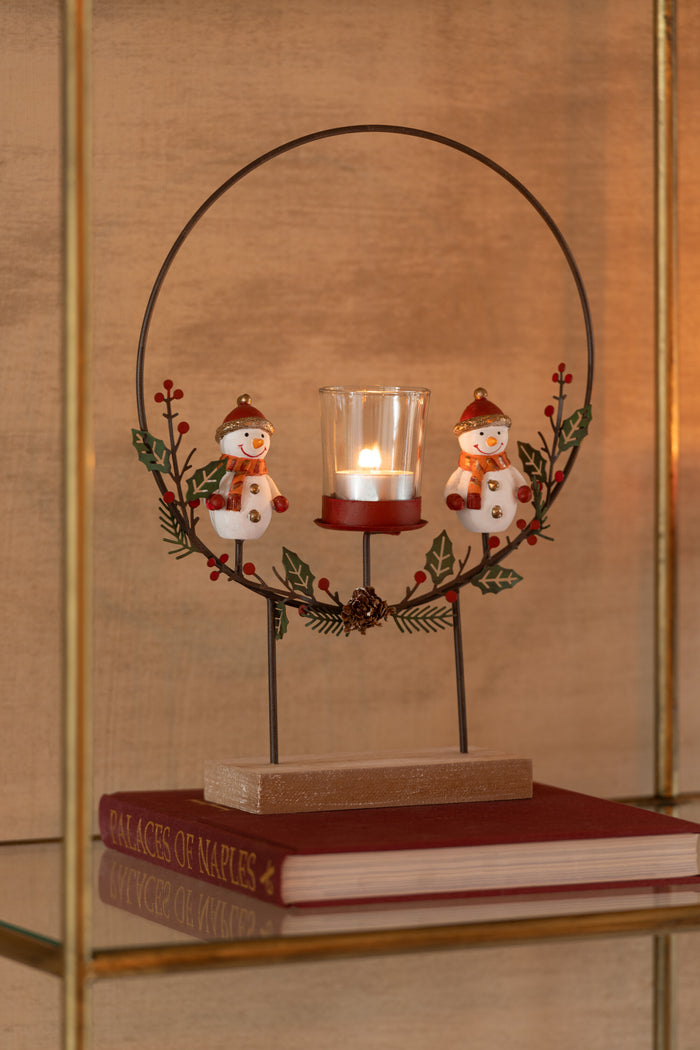 J-Line theelichthouder Cirkel Op Voet + Sneeuwman - metaal - mix