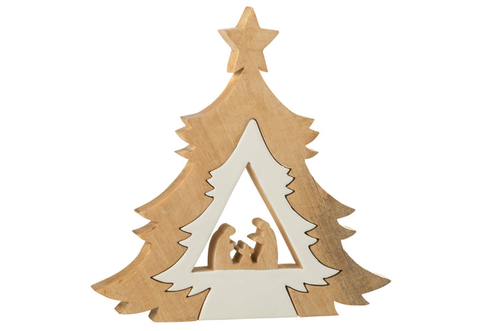 J-Line decoratie Kerststal In Boom + Ster - hout - wit|natur