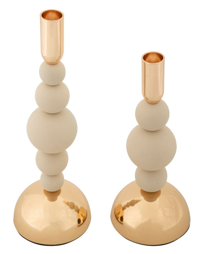 Set van 2 crèmekleurige en gouden metalen kaarsenhouders