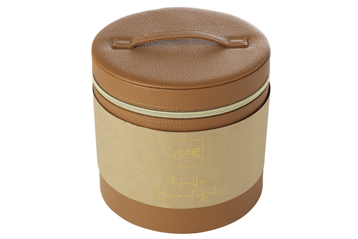J-Line toilettas Rond + spiegel - kunstleder - cognac