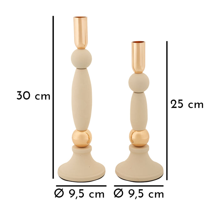 Set van 2 crèmekleurige en gouden metalen kaarsenhouders