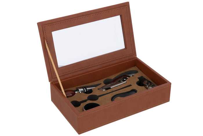 J-Line doos 6 wijnaccessoires - kunstleder - cognac