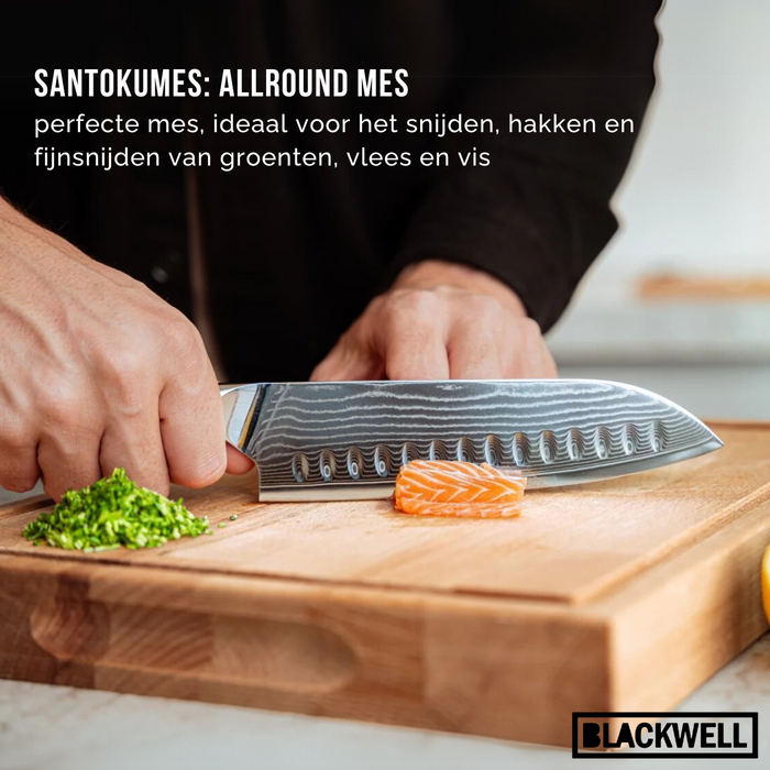 Blackwell Messenset (Koksmes + Santokumes + Nakirimes + Officemes) - Japanse stijl - 67 lagen damaststaal - VG10 - 4-delig