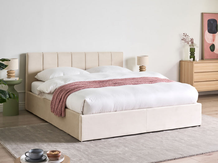 Beliani-DREUX-Bed met opbergruimte-Lichtbeige-160 x 200 cm-Fluweel