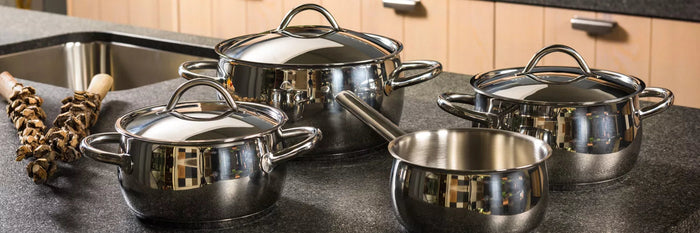 Mepra Pannenset 1950 - Kookpan ø 18, 20, 22 & Steelpan ø 16 cm + Deksels - RVS - 4 Delig