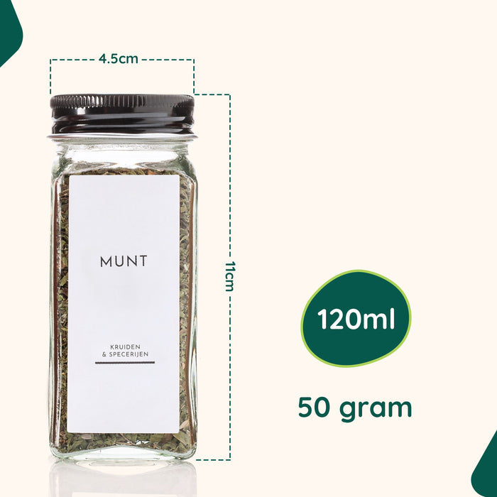 XIVADA Glazen kruidenpotjes vierkant - Stickers - Zwart - 24 stuks