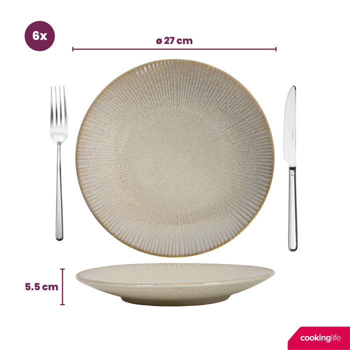 Cookinglife Serviesset Coastal Lines Ocean Beige 18-delig | 6 personen - 6 dinerborden, 6 ontbijtborden en 6 kommen
