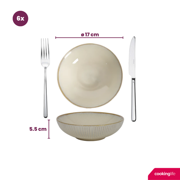 Cookinglife Serviesset Coastal Lines Ocean Beige 18-delig | 6 personen - 6 dinerborden, 6 ontbijtborden en 6 kommen
