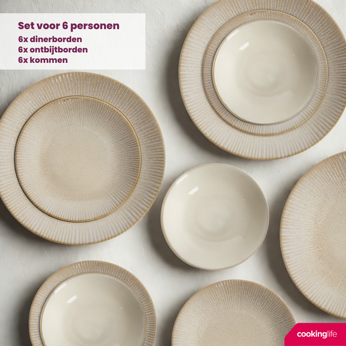 Cookinglife Serviesset Coastal Lines Ocean Beige 18-delig | 6 personen - 6 dinerborden, 6 ontbijtborden en 6 kommen