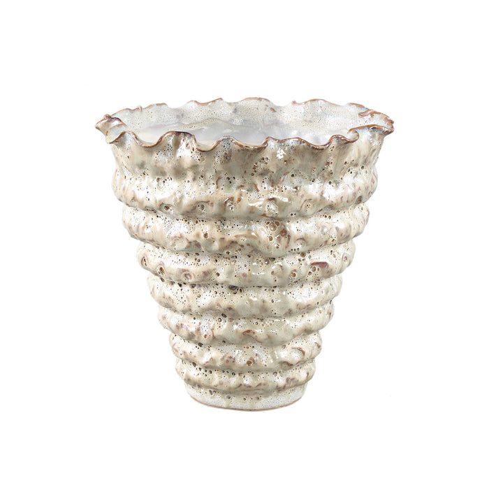 PTMD Nianh Cream Ceramic Pot Irregular Ribbed Round L