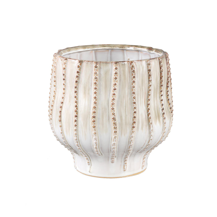 PTMD Dell Cream Ceramic Glazed Pot Line Pattern Round L