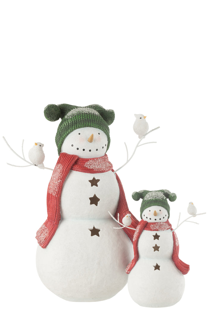 J-Line figuur sneeuwman Vogels - polyresin - rood|groen - large