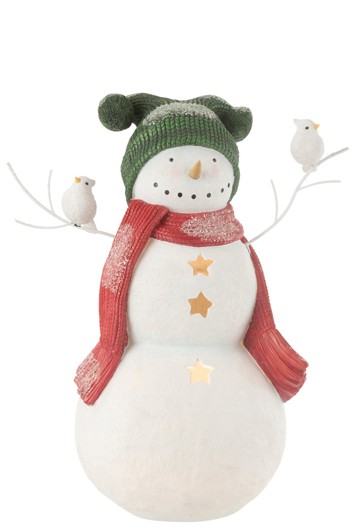 J-Line figuur sneeuwman Vogels - polyresin - rood|groen - large
