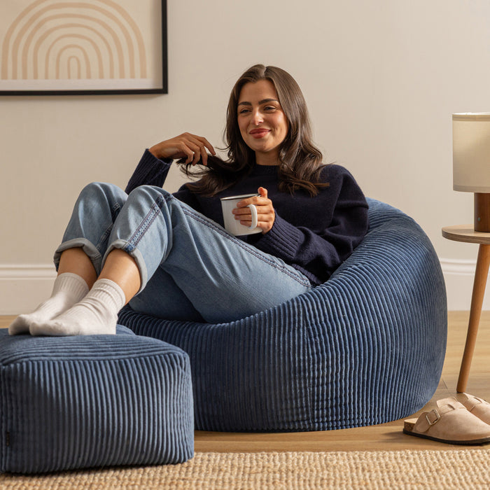 icon Kingston Zitzak met Poef - Ribfluweel - Denimblauw