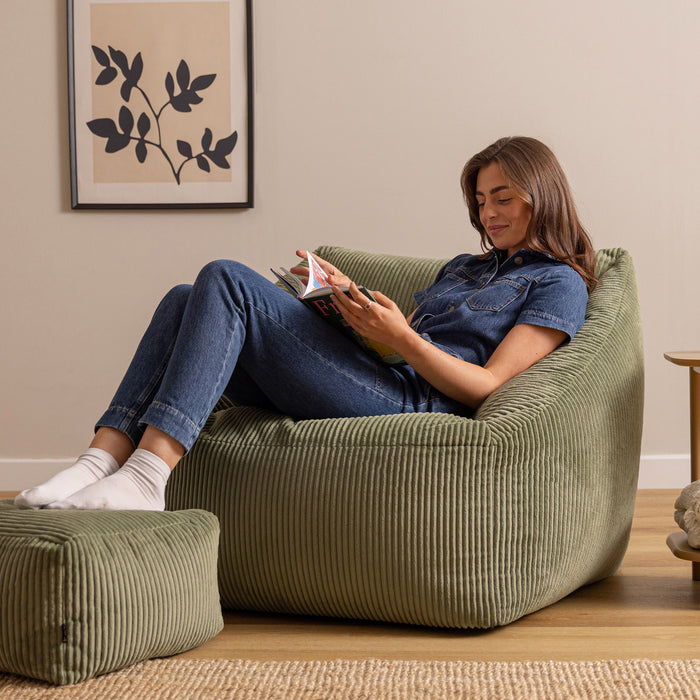 icon Natalia Zitzak Fauteuil met Poef - Ribfluweel - Saliegroen