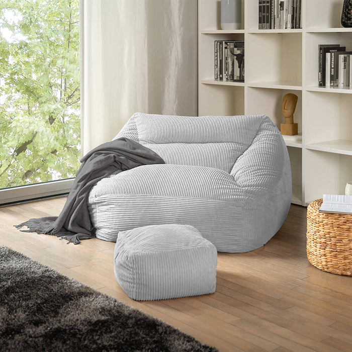 HOME DELUXE Zitzak Fauteuil met Poef - Ribfluweel - Lichtgrijs