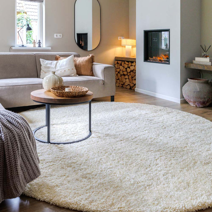Tapeso Rond hoogpolig vloerkleed shaggy Grand effen - crème - 120 cm