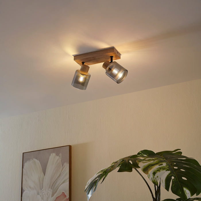 QAZQA Moderne spot hout met smoke glas 2-lichts draai- en kantelbaar