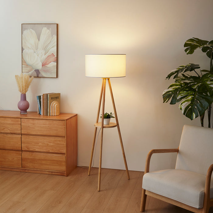 QAZQA Scandinavische vloerlamp hout met stoffen kap wit - Lou