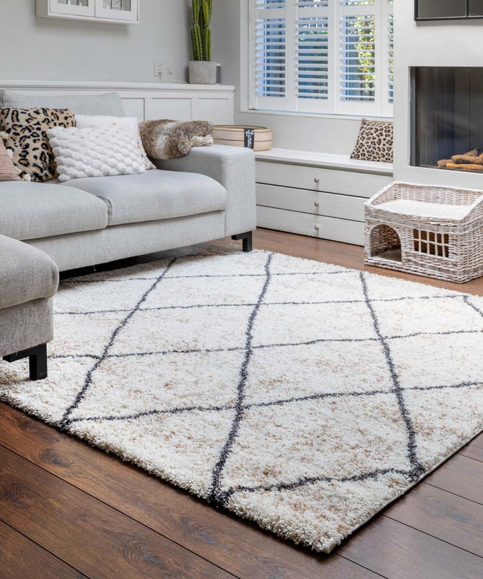 Boho&me Vierkant hoogpolig vloerkleed geruit Artisan - wit|grijs -