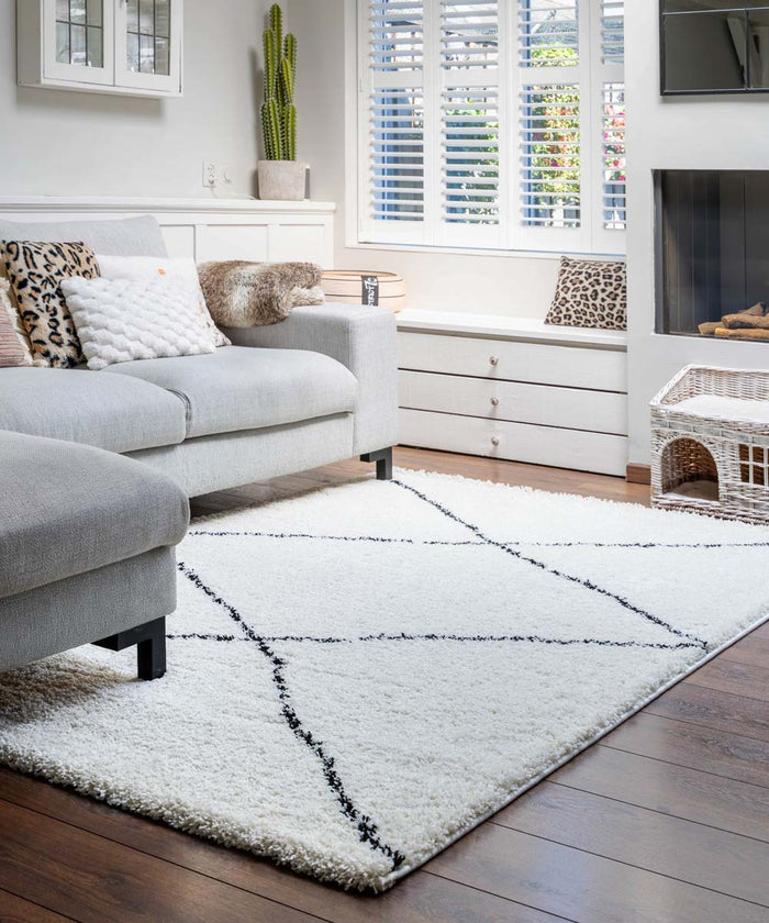 Boho&me Hoogpolig vloerkleed ruit Artisan - wit|zwart - 240x340 cm