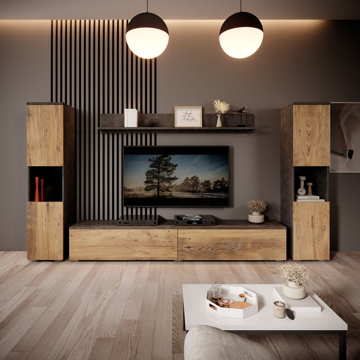 Meubella - Pure XL - Wandmeubel - Eiken|Grijs - 180x33x130 cm