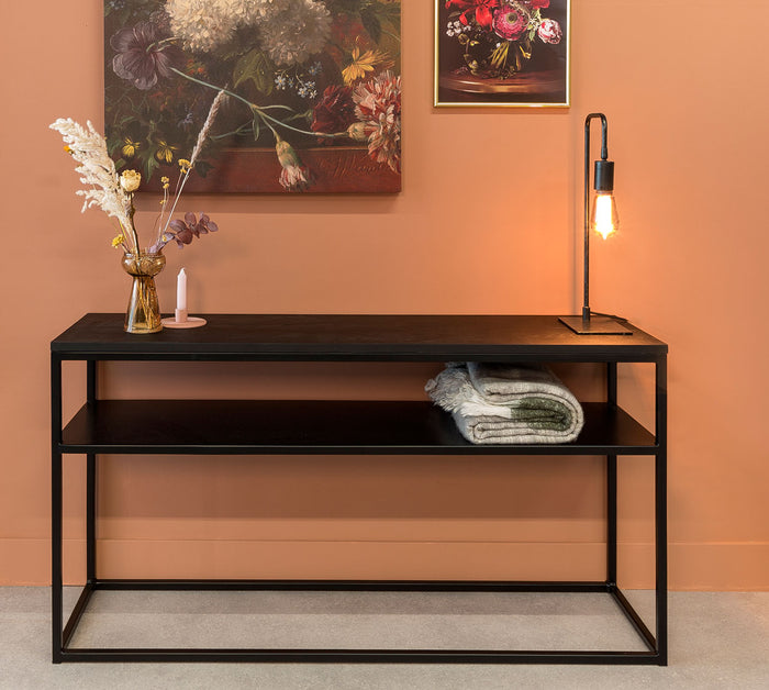 24Designs Power Sidetable – B135 X D35 X H70 Cm – Metaal – Zwart Eiken