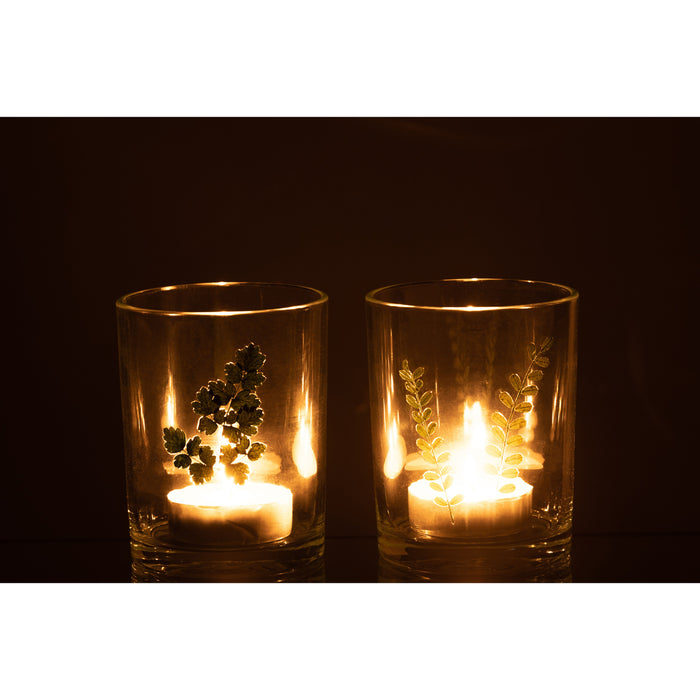 J-Line windlicht Bladeren - glas - groen|transparant - 2 stu