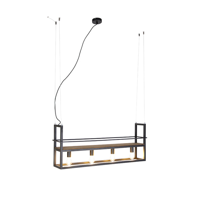 QAZQA Industriële hanglamp zwart met hout en rek 4-lichts - Cage Rack