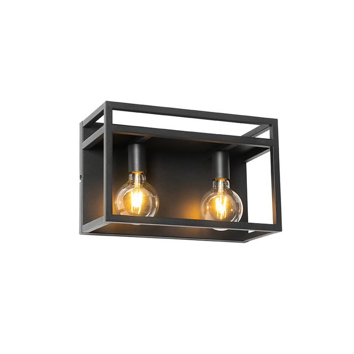 QAZQA Industriële wandlamp zwart met rek 2-lichts - Cage Rack