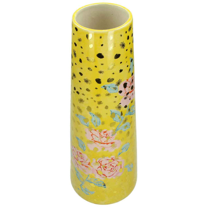 SVJ Home Decorations Vaas - H90 x Ø19 cm - Geel met Rode Rozen