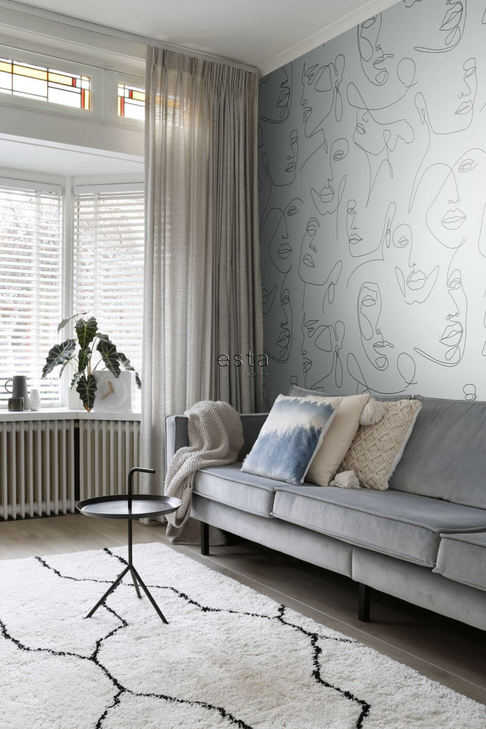 ESTAhome fotobehang line art gezichten vergrijsd groen - 150 x 279 cm