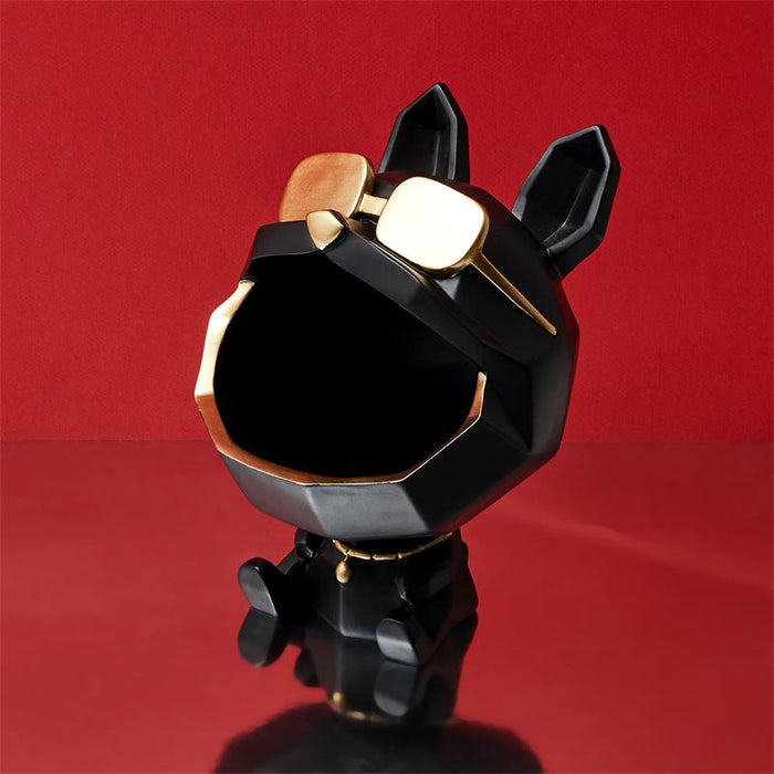 Beeld Bulldog Tray Zwart met Goudkleurige bril - H23 cm